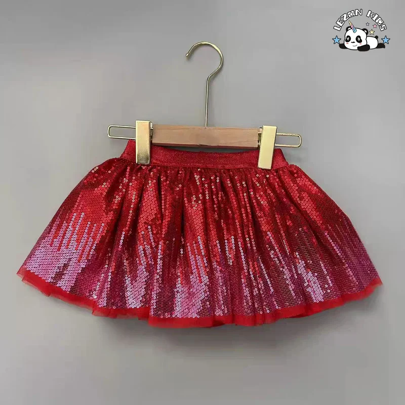 LEZONKIDS - Pure Color Cute Girls Sequin Skirt Summer Breathable Cotton Short Casual Print Children Skirt
